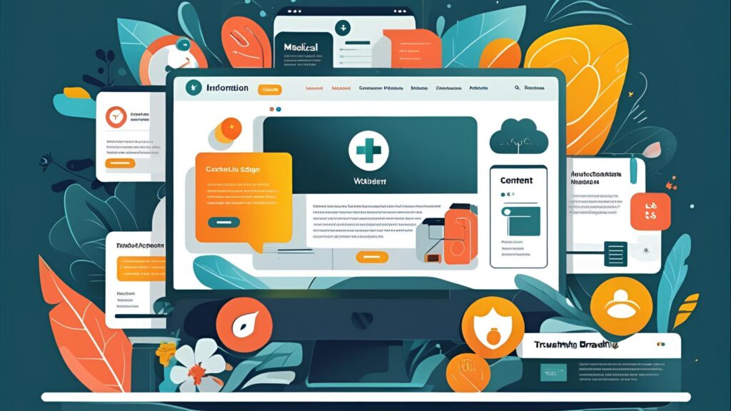 Creative digital illustration of a high-converting medical website displayed across multiple devices. The design highlights key healthcare web features like trust signals, user-friendly navigation, secure systems, content sections, and branding elements, symbolizing Cureeya’s guide to building effective medical websites.