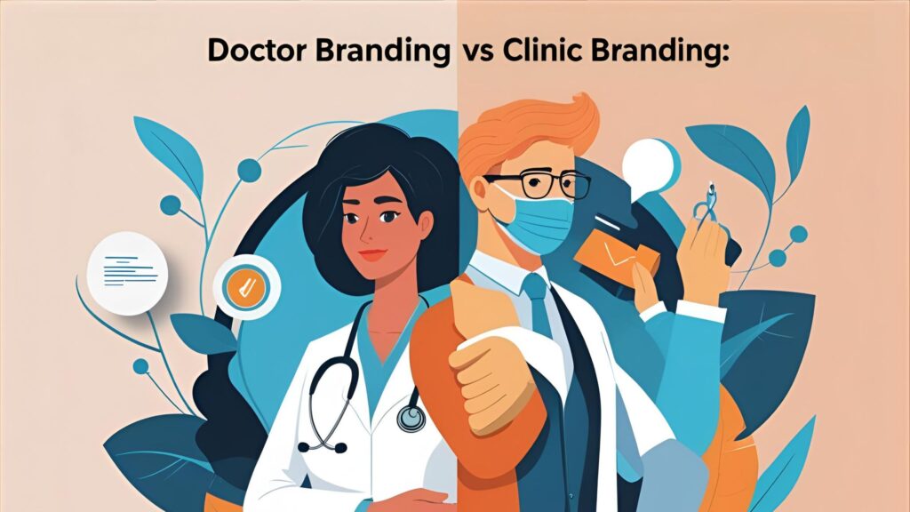Doctor branding vs clinic branding comparison illustration showing healthcare professionals and trust factors in 2025