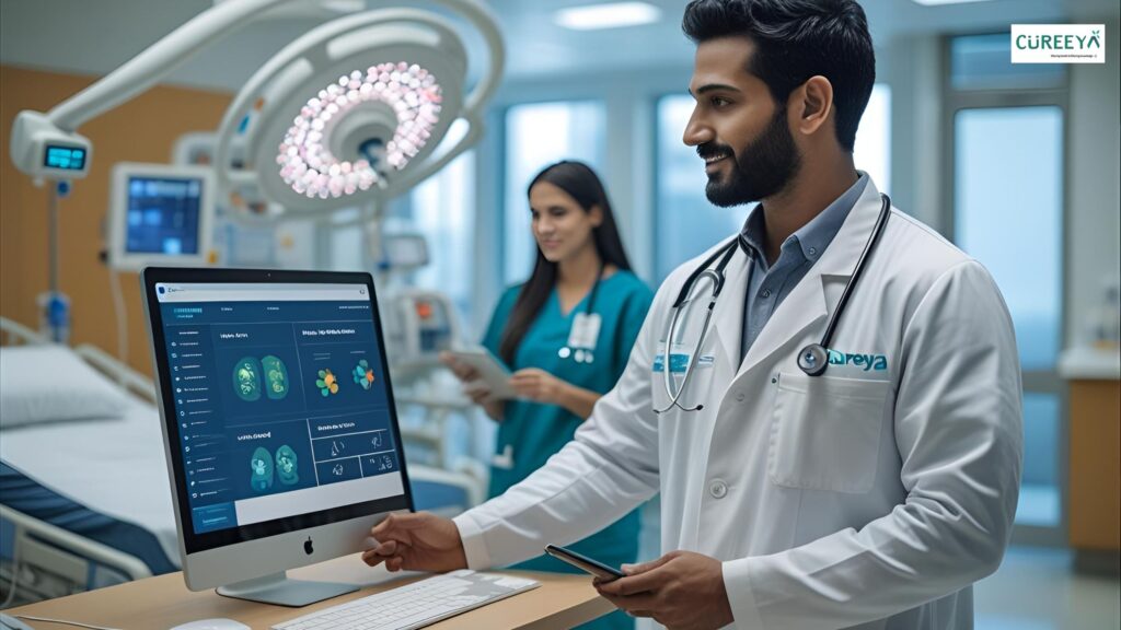 Doctor using Cureeya’s AI-powered hospital management system on a computer, improving patient care, workflow automation, and large-scale clinic efficiency.