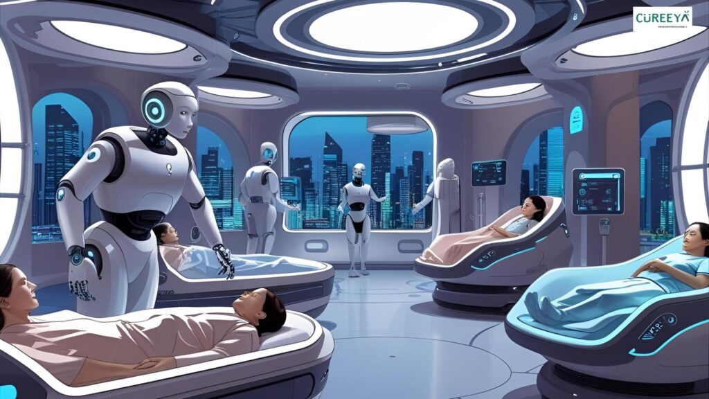 Futuristic hospital with AI robots assisting patients in smart beds, representing how Cureeya is transforming hospital workflows through automation and AI-driven healthcare solutions.