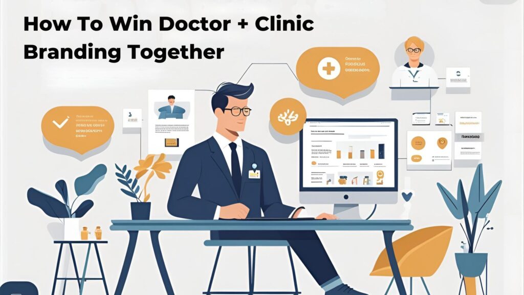 Illustration of doctor and clinic branding strategies working together with digital tools, showing how to win healthcare branding in 2025.